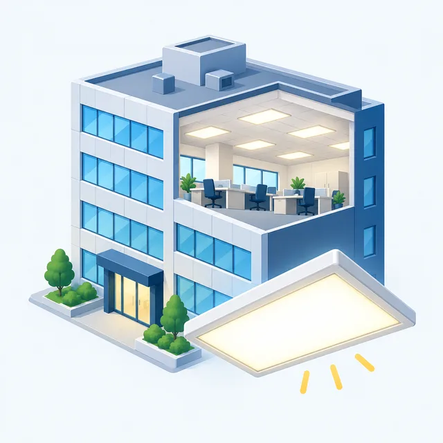 商業施設の建物とLED照明を説明するイラスト